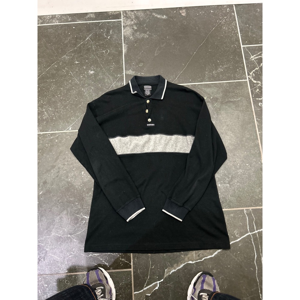 Bugle Boy Mens Long Sleeve Polo Shirt Black Grey Stripe Cotton Vintage Style M